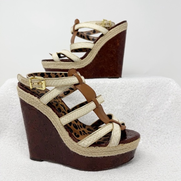 Jessica Simpson Brown and Cream Wedge/ platform wedges / Sandals size 7.5 - Picture 7 of 12